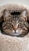 An English shorthair cat relaxes in a plush nest, surrounded by soft fabric, enjoying a moment of tranquility in a serene indoor environment photo