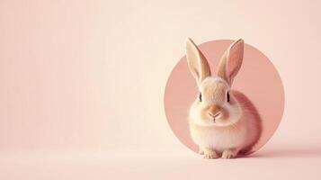 A small and adorable rabbit peeks out from a round pink shape against a gentle pastel backdrop, capturing a moment of curiosity and sweetness photo
