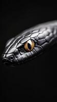 This striking black mamba snake showcases its glossy scales and piercing eyes, highlighting the beauty and danger of this venomous reptile in natural light photo