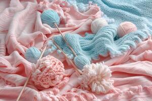 A beautifully arranged pastel blanket in pink and blue features various colorful yarn balls photo