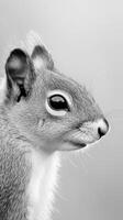 A gray squirrel stands still, showcasing its delicate features with sharp focus and artistic monochrome tones in a serene setting, evoking a sense of calm photo