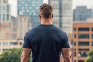 A man stands with his back to the viewer, gazing at a vibrant cityscape filled with tall buildings and urban life under a clear sky photo