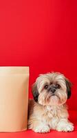 A large, unlabeled package of dog food sits next to a fluffy dog, creating a striking contrast against a bold red backdrop, showcasing pet essentials photo