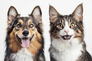 A joyful dog and cat share a moment of happiness, showcasing their playful personalities against a light background that enhances their vibrant expressions photo