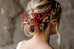 A blonde bride showcases a beautifully styled updo complemented by red floral accents, creating a romantic atmosphere in the backdrop photo