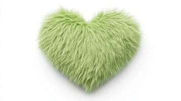 A hyper-realistic fluffy heart in soft green rests on a plain surface, showcasing its vibrant color and lush, textured fur, perfect for decor or gifts photo