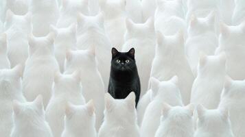 A large group of white cats is positioned closely together, all facing away, while a single black cat stands out prominently in the cluster photo
