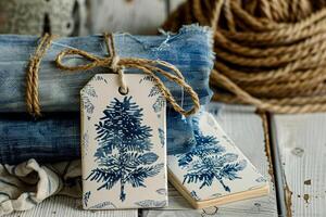 Decorative blue and white gift tags placed on rolled denim with rustic twine, ready for wrapping photo
