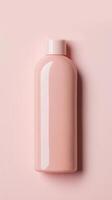 Elegant pink bottle rests flat against a soft background, highlighting its sleek design and contemporary appeal, ideal for beauty or skincare items photo