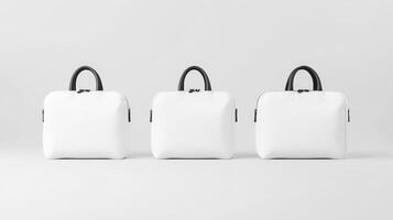 Three sleek, white tote bags are arranged symmetrically against a light backdrop, showcasing their contemporary design and practicality for daily use photo