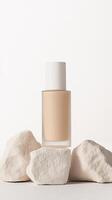 A bottle of foundation is placed on rough white stones, creating a clean and modern aesthetic. The background is softly lit to emphasize the product photo