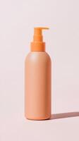 A sleek pump bottle in a soft peach tone is centered against a light background, showcasing a minimalistic design suitable for beauty products photo