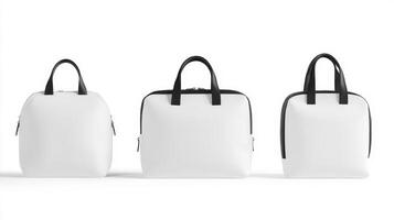 Three versatile white bags with black handles displayed together, showcasing a modern and minimalist design perfect for work or casual outings photo