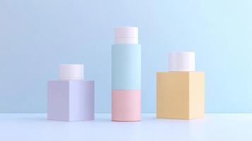 Three stacked and colorful cosmetic containers arranged on a smooth surface, highlighting modern design with pastel shades against a light background photo