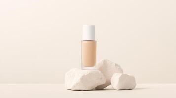 Foundation bottle rests elegantly on three white rocks, showcasing a clean aesthetic that emphasizes beauty and simplicity in product presentation photo