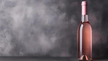 A sleek bottle of rose wine is positioned against a dark textured backdrop, illuminated by soft light that enhances its color and clarity photo