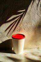 A white cup with a red lid stands against a rough wall. Sunlight creates captivating shadows from nearby leaves, adding a touch of nature to the setting photo