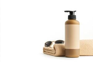 A bottle of tan lotion, sunglasses and towel on a white background photo