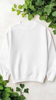 A simple white sweatshirt is placed on a light neutral background, accented with vibrant green leaves, perfect for showcasing style or designs photo