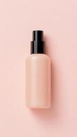 A minimalist design features a skincare bottle in a soft peach tone, designed to enhance beauty and wellness marketing efforts photo