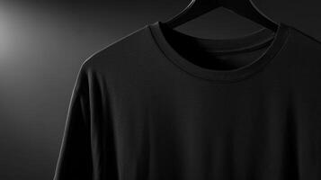 A simple black t-shirt is displayed on a hanger, illuminated by soft, dramatic lighting that accentuates its fabric texture and design photo