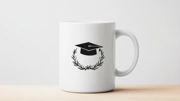 A ceramic mug showcasing a graduation cap symbol surrounded by a laurel wreath, placed on a light wooden table in a bright, minimalistic setting photo