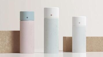 Three elegant reusable containers in pastel shades are showcased on a neutral backdrop, promoting sustainable choices for everyday use photo