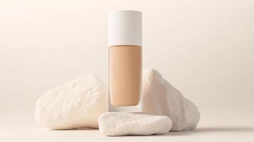 A foundation bottle stands upright amidst soft, textured stones, showcasing a minimalist aesthetic with a warm beige color against a light backdrop photo