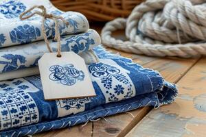 Intricate blue and white gift tags lie on folded fabric with rope on a rustic surface photo