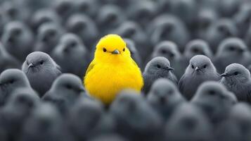 A vibrant yellow bird captures attention as it confidently stands among numerous gray birds, showcasing its unique color and charm in a natural environment photo