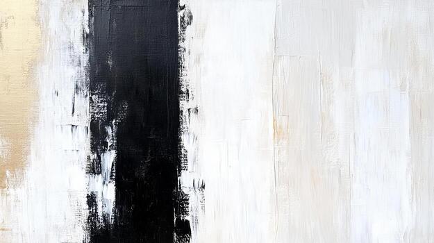 This abstract painting features bold strokes of black and white interspersed with hints of gold, creating a striking visual impact photo