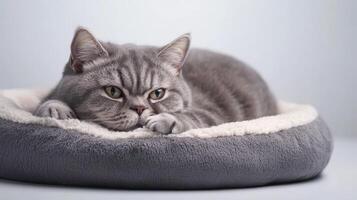 A calm English shorthair cat enjoys lounging in a cozy plush nest, showcasing its soft gray fur and content demeanor in a peaceful indoor environment photo