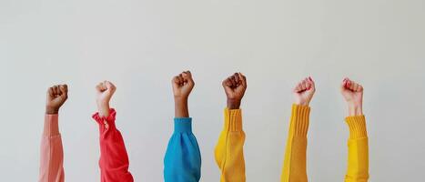 Five hands from different individuals raised together, symbolizing unity and support photo