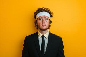 A humorous man stands upright in a black suit and white shirt, sporting a headband bandage on his forehead with a confused expression photo