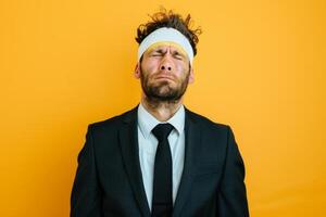 A man in a suit with an headband bandage is making a humorous face, set against a vibrant yellow backdrop. His expression is playful and exaggerated photo