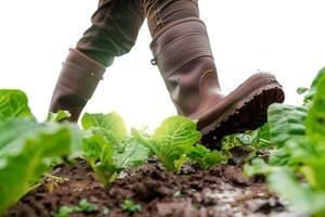 A farmer walks through a muddy field in rain boots, tending to crops during the spring planting season amidst lush green plants photo
