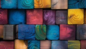 Colorful wooden blocks are artfully arranged, highlighting their unique grains and textures that spark creativity and imagination photo