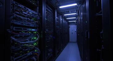 High-Tech Data Center Server Room with Network Cables and LED Indicators photo
