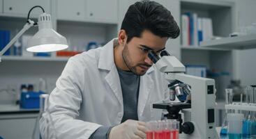 Focused White Man with Short Black Hair and Beard in Lab Coat Using Microscope in Modern Laboratory photo