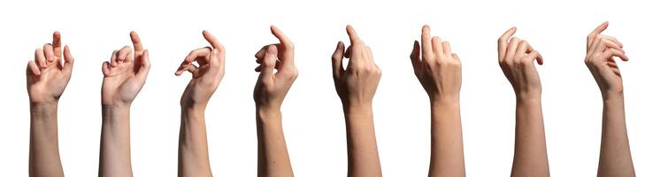 Arm and hand pointing series, indicating a choice or action. Female person using index finger to photo