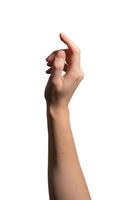 Hand with finger pointing. Female arm showing gesture to click, touch, tap, select or choose target. photo