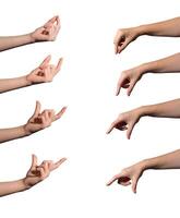 Hand set. Female hand showing gesture to hold, pinch, clutch, take or handle small item, empty pose photo