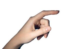Finger clicking button. Woman hand making gesture to tap, select, push or choose digital object, photo