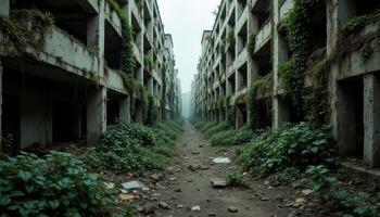 A run down post apocalyptic city, overgrown with vines and nature reclaiming the ruins. photo