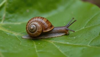 A close up of a snail crawling on a leaf, leaving a glistening trail of slime. photo