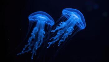 A glowing jellyfish drifting through a dark ocean, illuminated from within. photo