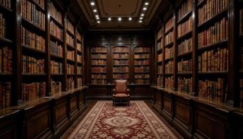 The interior of an old library, lined with bookshelves filled with leather bound volumes. photo