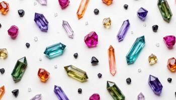 A scattering of crystals, each with unique shapes, colors, and transparency. photo