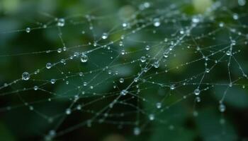 A close up of dew drops clinging to a spiderweb photo