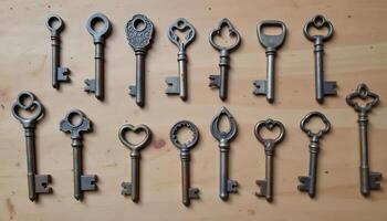 A collection of antique keys, each with unique shapes, sizes, and signs of wear. photo
